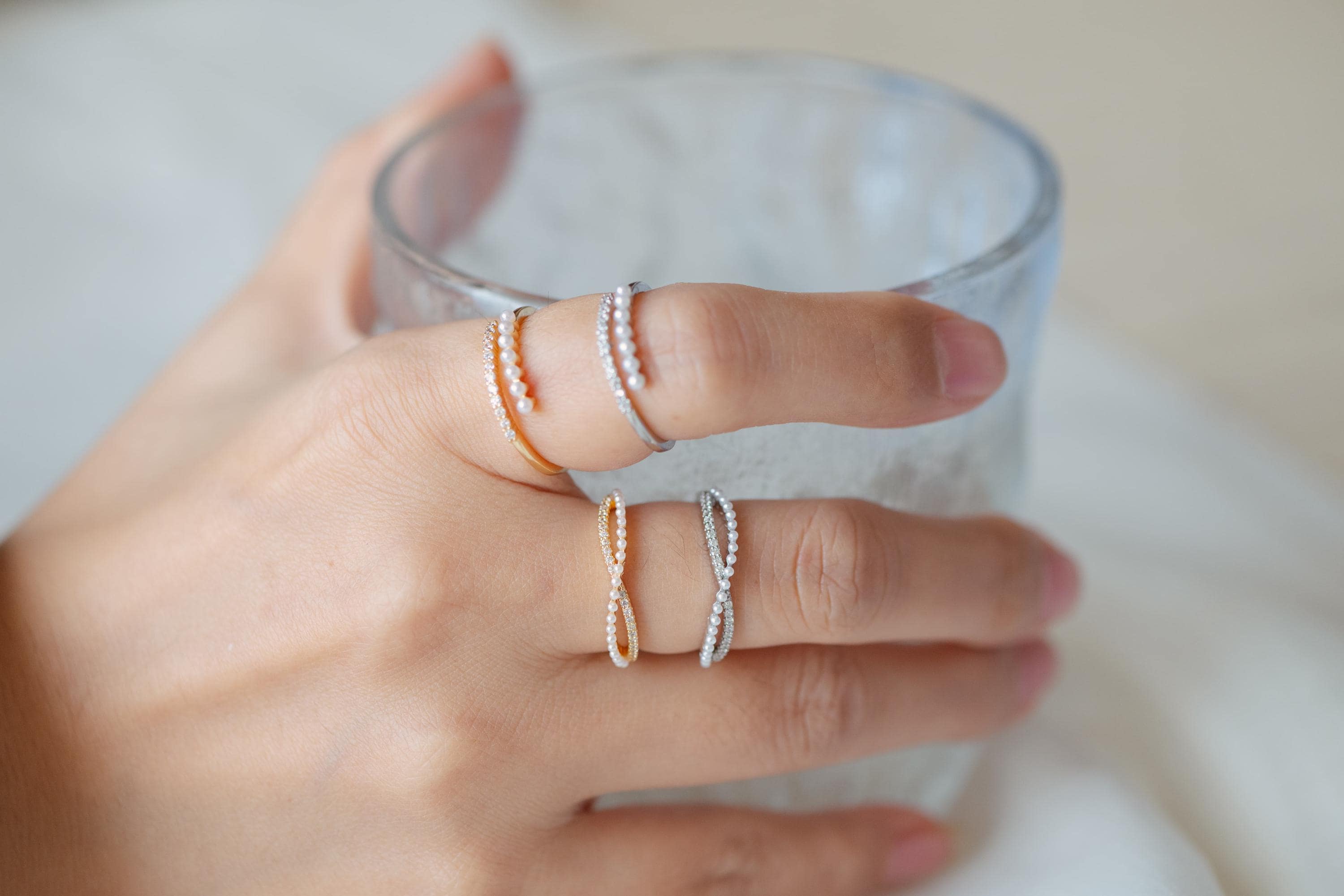 4pcs CZ Pave Finger Ring, Faux Pearl Ring, Gold/ Rhodium plated Brass, Gift for Her, Dainty Ring, Adjustable Ring (#JZ-016)